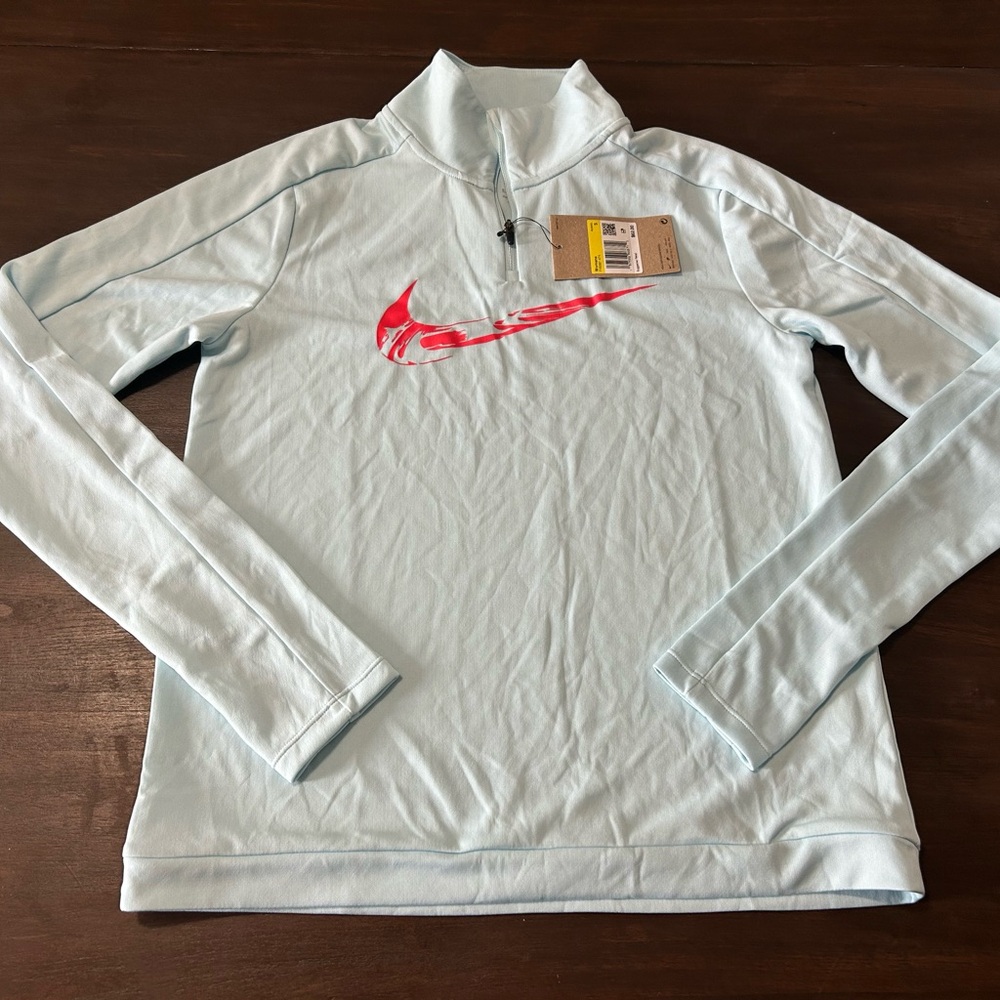 Nike Kids Light Blue Quarter-Zip Sweatshirt with Pink/Red Swoosh